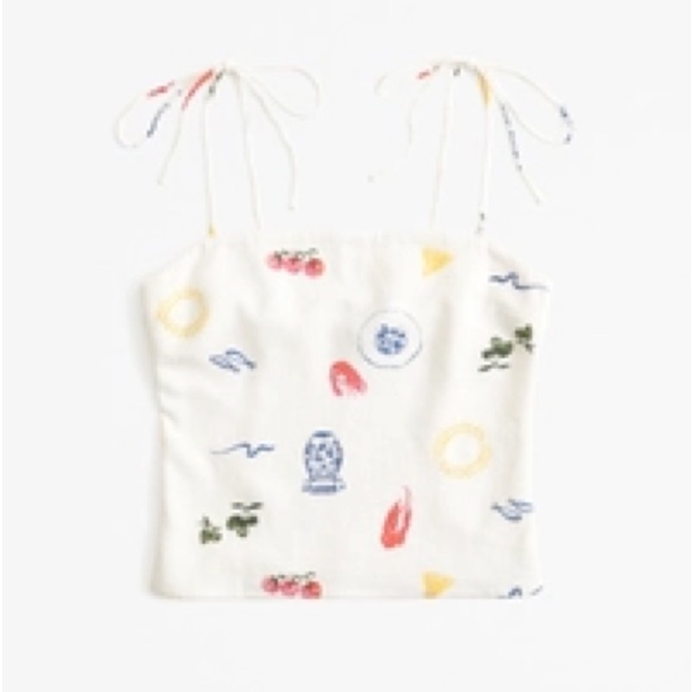 Abercrombie & Fitch White Linen-blend Tie Strap cropped top with coastal print